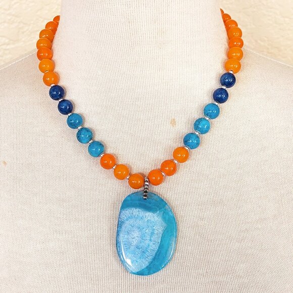 Neon Orange, Aqua, Royal Blue Agate Colorblock Geode Pendant Statement Necklace - Picture 1 of 3